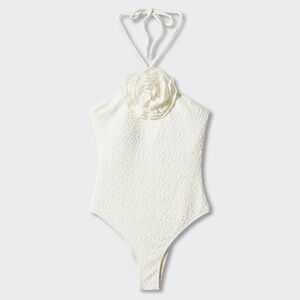 Mango Cream Textured Halter One-Piece Swimsuit with Rosette